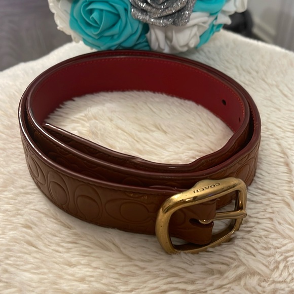Coach Monogram Signature Leather Logo Cognac & Gold Belt Size 34 - Picture 2 of 10